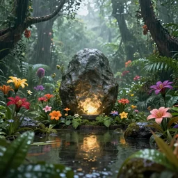 An alien jungle, colorful flowers, glowing stone, reflection, rain, morning light, photorealistic, realistic, depth of field, high definition, soft light, high definition, detailed, 8k, artstation