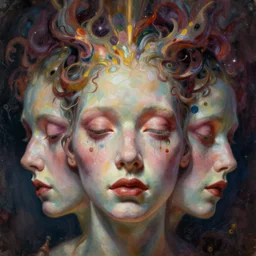a hyper detailed surreal portrait painting of a face of multiple reality and insomnia, bizarre crazy horror art