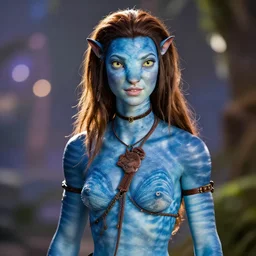 A studio photo of Pamela Anderson as Avatar’s Neytiri, bokeh, 90mm, f/1.4