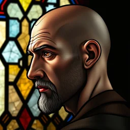 gothic stained glass window, detailed side portrait of a bald 3 5 year old man, side - view, amber eyes, bald, big v - shaped head scar, detailed and masterful, backlit