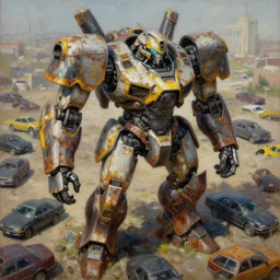 an intricate oil painting of a giant armored plated metal mecha, croud, cars, by simon stalenhag, rust, yellow and black trim, trending on artstation, hdr, 8 k