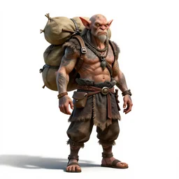 tattooed goblin trader with pack, high detail digital art, full body, standing, isolated on a pure white background, centered, whole figure in frame, sharp focus, studio lighting