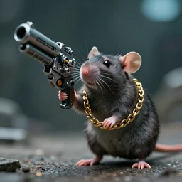 small rat with large sci - fi gun, cinematic, portrait, fujifilm superia, shot on 7 0 mm, macro, wearing a golden chain, from the new sci - fi movie, 8 k, f 1. 8