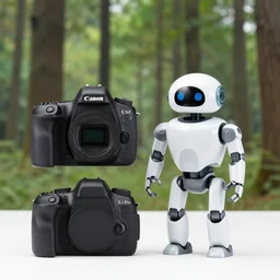 a person and a robot in a forest. award - winning photograph, shot with canon eoa 6 d mark ii. daytime lighting.