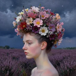 closeup, a giant flowers head mohawk, woman in heather field, surreal photography, starlight, storm clouds, impressionist painting, digital painting, artstation, simon stalenhag