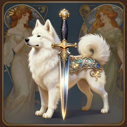 a dagger in a shape of a samoyed dog, beautiful, very ornated, glowing, metal, very detailed, amazing quality, item illustration, stunning, by rebecca guay and alphonse mucha and ilya kuvshinov, artstation, pixiv, digital art,