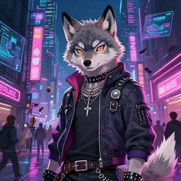 beautiful commission digital art portrait commission of an androgynous furry anthro wolf wearing punk clothes in the streets of a cyberpunk city. neon signs, adverts, holographics. character design by zaush, rick griffin, tessgarman, angiewolf, rube, miles df, smileeeeeee, furlana, fa, furraffinity