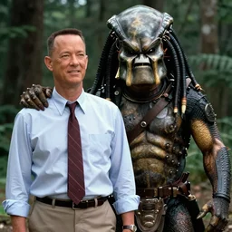tom hanks in the move forest gump replaced by a monster from the movie predator, still movie shot