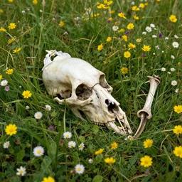 decaying bones in a meadow of flowers