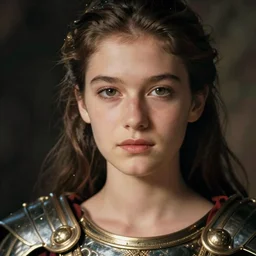 close - up portrait of beautiful young woman dressed gladiator with metallic armor, art by david lynch