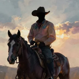 siluette of a cowboy outlaw sitting on a horse. serigraph. screen - printed. sun - bleached highlights on colt's face, hat in soft colors