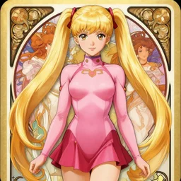 portrait of cute blonde anime girl, with huge long pigtails, skintight pink bodysuit, dark pink miniskirt, extremely detailed, digital illustration, by rossdraws, alphonse mucha, frank fanzzeta, collectible card art