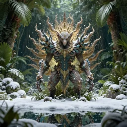 creature in a lush tropical vegetation, snow snow, water reflection, night, backlit : : by michal karcz, daniel merriam, victo ngai and guillermo del toro : : ornate, dynamic, particulate, intricate, elegant, highly detailed, centered, artstation, smooth, sharp focus, octane render, 3 d