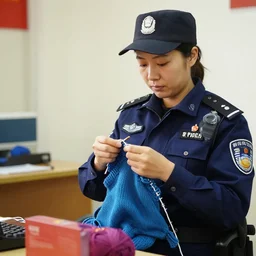 female police officer knitting a sweater