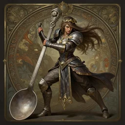female warrior that fights using a giant spoon, full body shot, intricate, highly detailed, digital painting, artstation, concept art, matte, sharp focus, illustration, hearthstone, art by artgerm and greg rutkowski and alphonse mucha