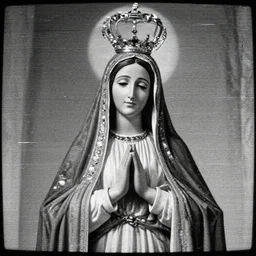vhs static overlay of marian apparition, vhs, 1 9 9 0, beautiful, highly realistic, highly detailed, vhs noise static, black and white, vhs glitch
