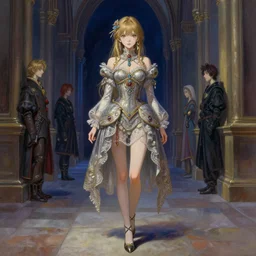 angelic girl in intricate clothing walking a cathedralic hallway at night, very high detail, painting, anime, wlop, ilya kuvshinov, artgerm, krenz cushart, greg rutkowski, sana takeda