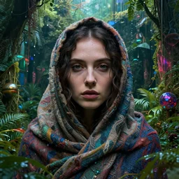 detailed face of an irish woman clothed wrapped in textiles, lush, opulent, walled garden, utopian, tech noir, wet reflections, prism, atmospheric, ambient, pj crook, syd mead, livia prima, artgerm, greg rutkowski, nick alm, casey baugh