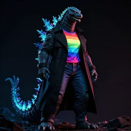 female humanoid godzilla dressed in a black trench coat, rainbow t - shirt, and jeans, saturated, neon, electric colors, tones of black, tones of black in background, low contrast, glow - in - the - dark, soft body, rubber, latex