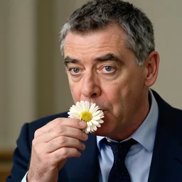photo of rowan atkinson eating a flower, highly detailed, extremely high quality, hd, 4 k, 8 k, professional photographer, 4 0 mp, lifelike, top - rated, award winning, realistic, detailed lighting, detailed shadows, sharp, no blur, edited, corrected, trending