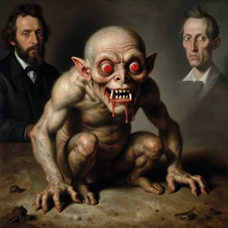 un monstre horrible et fou degueulasse avec une peau sale et seche petits yeux rouges dents tres longues demon sang sur les levres by caravaggio and rubens and bob bottin and lucien freud and francis bacon