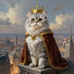 a fantasy painting of an anthropomorphic silver brindle persian cat dressed with round eyes as owl, as a renaissance king, standing on a skyscraper overlooking a vast city, cinematic, beautiful lighting, dramatic