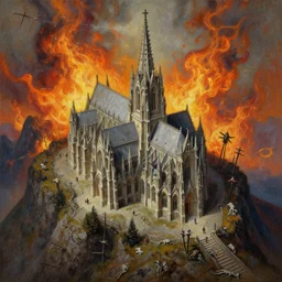 highly detailed oil painting, masterpiece, gothic cathedral on top of a mountain, fantasy, dead corpses on stakes, hell fire and sky, above view, top lighting, realistic shaded,
