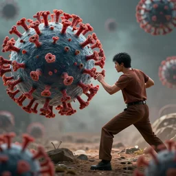 a brown man with black hair fighting a large virus, photorealistic
