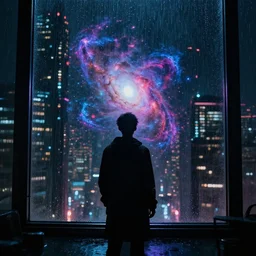 one cyber godly person made of cosmic nebula galaxy energy watching a rainy colorful dark complex cyberpunk futuristic city from behind at night through a window in a room, reflections, high contrast, 8 k, photorealistic, concept art, wet, highly detailed, cinematic mood by ridley scott, ghost in the shell, trending on artstation, glowing lights, sharp focus, epic