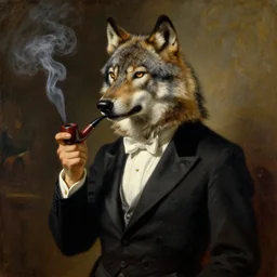 a portrait of an aristocratic wolf!!!!!!! wearing a tuxedo and smoking an old pipe, painting by arthur rackham, trending on cgsociety, moody cinematic lighting