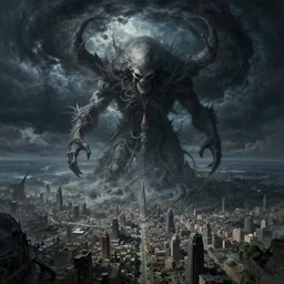 an ultradetailed landscape painting of cthulu descending from space, looming ominous over a city, dark thunderstorm, lovecraftian horror, monster from beyond space and time, intricate detail, ultrawide lens, aerial photography, cinematic, 8 k, cel shaded, volumetric lighting, octane render, art by greg rutkowski and albert bierstadt