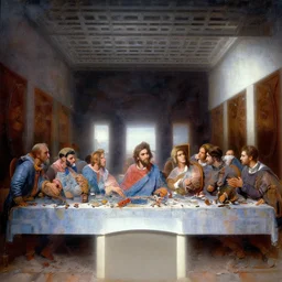 the last supper, cyberpunk, futuristic, scify, insanely detailed, trending on artstation, dan mumford, houdini render, digital art painting by syd mead, highly detailed, rule of third, soft lighting, 8 k resolution, oil on canvas, architectural magazine, beautiful detailed, insanely intricate details, artstation trending, hypermaximalistic, high details, cinematic, didier comes, james jean, andreas rocha,
