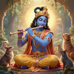 Lord Krishna playing flute and all creatures of the world listening his soul full music , dreamy, mediation, magical effect, artstation, clear clean face, full body ,hyperreal, hyperdetailed