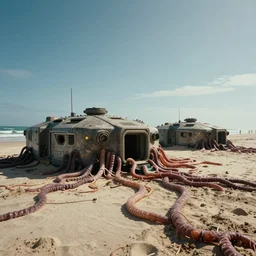a scenic view of bunkers on a beach with fleshy tendrils by james paick, jeremy Mann, 2001 a space odissey, blade runner 2049, Trending on artstation, epic, cinematic, 8k, very detailed, octane render
