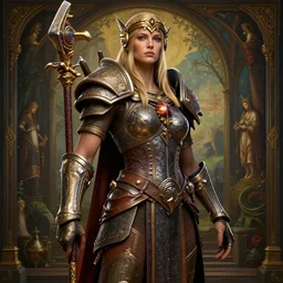 official portrait of the final boss of the epic paleo MMORPG, dino tribe leader queen, bump mapping, global illumination, incredibly detailed, D&D protagonist, octane render, 8k, pre-Raphaelite art direction, trending on Artstation