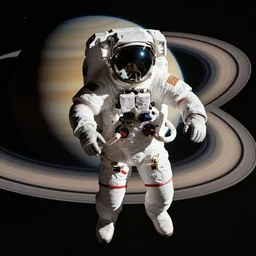 concept art of an astronaut floating in space, rings of saturn in the background