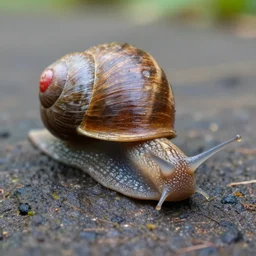 A realistic photo of a snail with red eyes