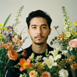 a portrait of a man surrounded by flowers
