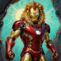 close up of muscular lion barbarian hunter iron man armor full body in portrait pose, sun rays , small bird sihouettes  in cyan background , very textured detailed  oil painting by rembrandt , hard backlight , in dark cave