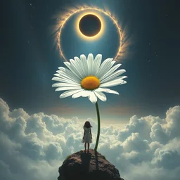 giant white daisy flower blooming over head, girl standing on cliff, surreal photography, solar eclipse, milky way, dramatic light, impressionist painting, clouds, digital painting, artstation, james gilleard, liam wong, jeremy mann, simon stalenhag