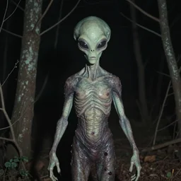 A vintage photograph of a creepy and scary alien sight in the woods at night, macabre W- 768