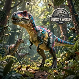 trex dinosaur jurassic park world ark evolution land before time forest creature epic digital fantasy style beeple, by thomas kinkade concept art, style of makoto shinkai, xision, james jean and peter mohrbacher, studio ghibli, artgerm, karol bak, dan mumford global illumination rtx bioluminescent wooly feather raptor