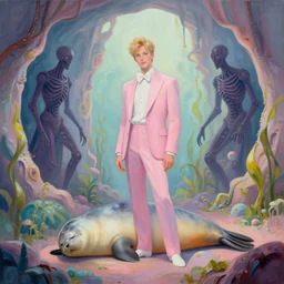 Prince in pastel!!!, whimsical acrylic modern pop surrealism, Even Giger-y dark overlords living in the ruins of an ancient system of tunnels and caves like to be comfy every once in a while!, A seal sleeping peacefully in a kelp forest, cinematic, hyper realistic, detailed, 8k, octane render.