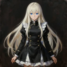 baroque oil painting full body portrait character concept art anime key visual, young female combat maid black military uniform, long straight platinum blonde hair blue eyes, fine detail symmetrical perfect face studio lighting delicate features directed gaze, gapmoe kuudere grimdark, trending on pixiv fanbox, painted by greg rutkowski makoto shinkai takashi takeuchi studio ghibli