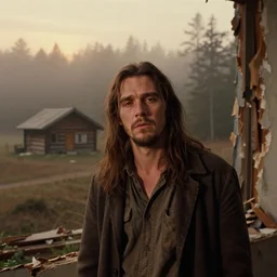 medium shot portrait bust of christian bale from the movie thinner, torn down apartment, tired expression, faded color film, russian cinema, mario testino, tarkovsky, technicolor, heavy forest, wood cabin in distance, shallow depth of field, long brown hair, old clothing, heavy fog, brown color palette, sunset, low light, hudson river school, 4 k, dramatic lighting