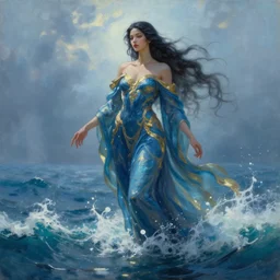 beautiful portrait of a mystical black haired goddess of the sea wearing long blue gold water robes rising up from the deep blue waves, oil painting by Greg Rutkowski and Charlie Bowater and Artgerm, unreal 5, DAZ, RPG Portrait, trending on artstation, dynamic lighting, misty, ocean, blue theme, afternoon light