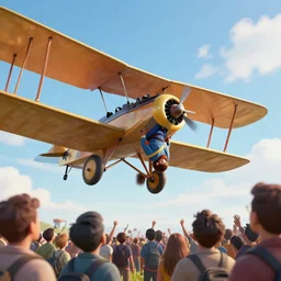 wing Walker on upside down biplane, crowd below looking up, artstation, deviant art, cgi society