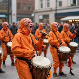 brainless orange clad cultists singing songs and druming in the city square