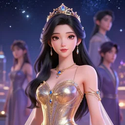 masterpiece portrait charming female astromancer lifestyle accessories in dreamlike cg animation, kpop, luxry dress, high detailed face, animated, art by artgerm, greg rutkowski, macoto takahashi, major starry sky and city in background, character select portrait, 3 d, fantasy, no distorsion, realistic