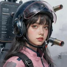 portrait of bluepunk redpunk dark grey hair blackpink lisa navy girl, helmet, warship board, missile, fog, highly detailed, digital painting, face detail, sharp focus, art, illustrations by loish and ayanamikodon and irakli nadar and rossdraws and wlop